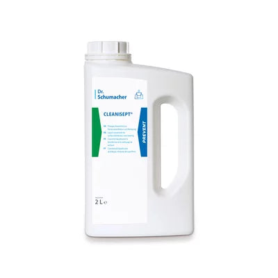 Contenitore di plastica bianco da 2 litri di Dr. Schumacher Cleanisept® disinfezione e pulizia delle superfici della Dr. Schumacher GmbH con grande maniglia, tappo a vite ed etichetta bianco-blu per una disinfezione efficace dei dispositivi medici.