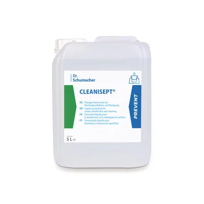 Un contenitore di plastica da 5 litri della Dr. Schumacher GmbH Cleanisept® disinfezione e pulizia delle superfici, con etichetta bianco-blu con accenti verdi e informazioni sul prodotto in più lingue. Perfetto per la disinfezione di superfici e dispositivi medici.
