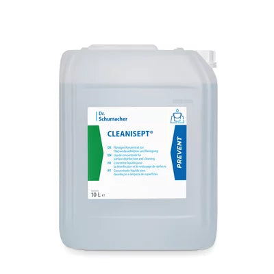 Un contenitore trasparente da 10 litri della Dr. Schumacher GmbH con la scritta "Dr. Schumacher Cleanisept® disinfezione e pulizia delle superfici", utilizzato per la disinfezione e pulizia delle superfici mediche, con un'etichetta bianco-blu che riporta i dati del prodotto.