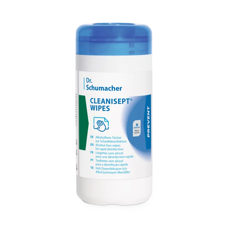 Un contenitore cilindrico bianco con coperchio blu e la scritta "Dr. Schumacher Cleanisept Wipes Schnelldesinfektion" della Dr. Schumacher GmbH contiene salviette senza alcool per la rapida disinfezione delle superfici.