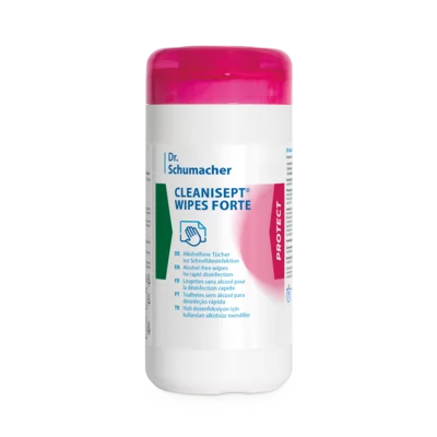 Eine weiße Dr. Schumacher Cleanisept® Wipes Forte Spenderdose mit rosafarbenem Deckel, die 100 Flächendesinfektionstücher enthält, zeigt den Etikettentext in Englisch und Deutsch. Marke: Dr. Schumacher GmbH.