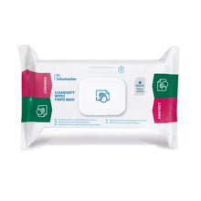 Eine Packung Dr. Schumacher Cleanisept® Wipes Forte Max (100 Tücher) der Dr. Schumacher GmbH mit wiederverschließbarem Deckel und grün-rosa Akzenten bietet viruzide, alkoholfreie Desinfektion in einer weißen Verpackung mit Marken- und Produktangaben.