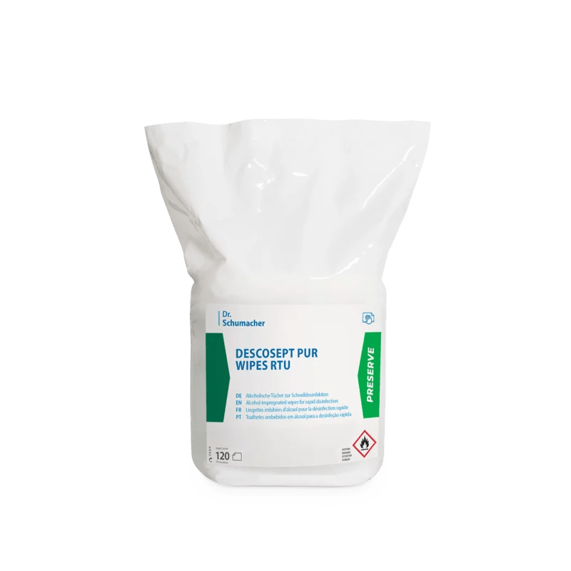 La confezione in plastica bianca delle salviette disinfettanti Dr. Schumacher Descosept Pur Wipes RTU (120 pezzi) della Dr. Schumacher GmbH presenta accenti blu e verdi, oltre a istruzioni di sicurezza e d'uso per la disinfezione rapida sulla confezione.