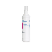 Weiße 250-ml-Flasche der Dr. Schumacher GmbH Descoderm Hautdesinfektion mit Sprühkopf. Auf dem Vorderetikett sind der Produktname und Angaben zum Desinfektionsmittel in blauer und rosa Schrift angegeben.