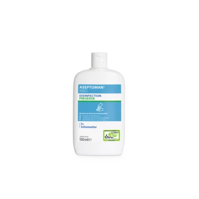 Nella foto è raffigurata una bottiglia di plastica bianca da 150 ml di Dr. Schumacher Aseptoman® med Disinfettante per mani della Dr. Schumacher GmbH con etichetta blu con accenti verdi e tappo flip-top bianco su uno sfondo semplice e chiaro.