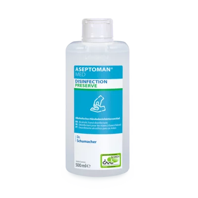Bottiglia di plastica trasparente da 500 ml con tappo flip-top bianco e la scritta "Dr. Schumacher Aseptoman® med Disinfettante per mani" della Dr. Schumacher GmbH; l'etichetta blu-bianca evidenzia la formula disinfettante per mani alcolica e delicata sulla pelle.