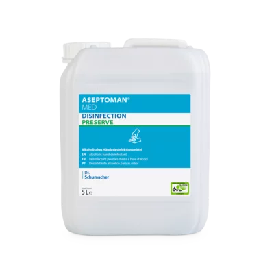 Un tanica bianca da 5 litri della Dr. Schumacher GmbH con la scritta "Dr. Schumacher Aseptoman® med Disinfettante per mani" con accenti blu e verdi; un disinfettante per mani alcolico per un'igiene della pelle delicata.