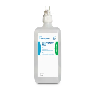 Una bottiglia trasparente da 1 litro Dr. Schumacher Aseptoman® med Disinfettante per mani della Dr. Schumacher GmbH, con etichetta bianca e scritta blu, con tappo bianco e dosatore in cima.