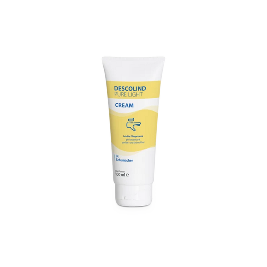 Eine weiße 100-ml-Tube der Dr. Schumacher Descolind Pure Light Cream Pflegecreme für empfindliche Haut mit gelben und blauen Akzenten und dem Schriftzug der Dr. Schumacher GmbH steht aufrecht auf einem schlichten weißen Hintergrund. Ideal für medizinisches Fachpersonal.