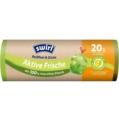 Swirl Sacchetti per rifiuti freschi attivi 20 l Resistenti e a tenuta della Melitta Europa GmbH & Co. KG offre un rotolo con 12 sacchetti in plastica riciclata al 100% e un indicatore di profumo di agrumi per una freschezza duratura.