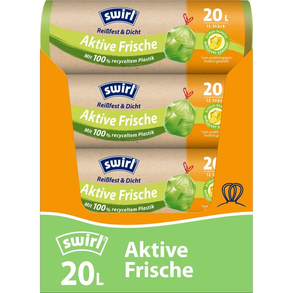 I Swirl sacchetti per rifiuti freschi attivi 20l della Melitta Europa GmbH & Co. KG sono forniti in un rotolo da 12, realizzati in plastica riciclata al 100%, dotati di un sistema di freschezza agli agrumi e disponibili nei colori verde e arancione con motivi di foglie fresche sull'etichetta.
