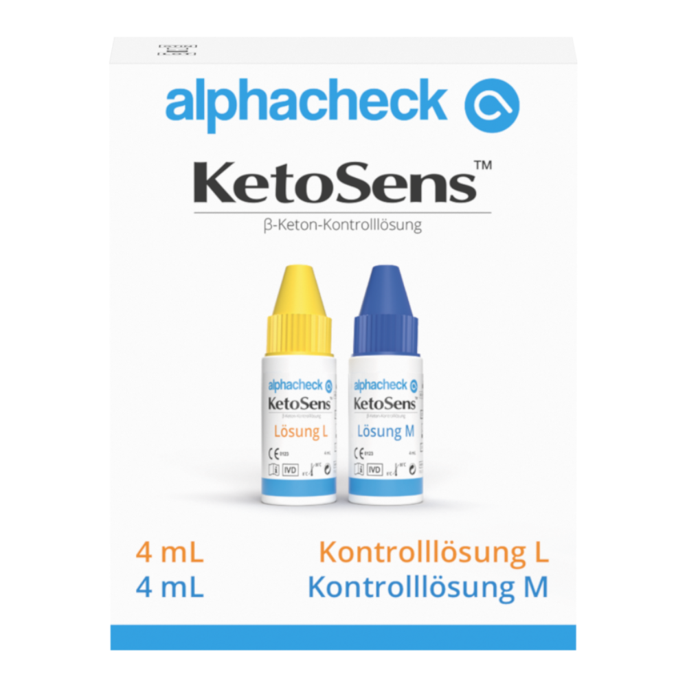 Un'immagine del prodotto Alphacheck KetoSens β-Keton-Soluzione di controllo L+M | Confezione (2 flaconcini) di Berger Med GmbH per dispositivi di misurazione chetogenica. L'immagine mostra una scatola bianca con testo blu e giallo. Nella scatola ci sono due piccoli flaconi con tappi colorati, uno giallo (soluzione L) e uno blu (soluzione di controllo M). Il volume è indicato come 4 mL.