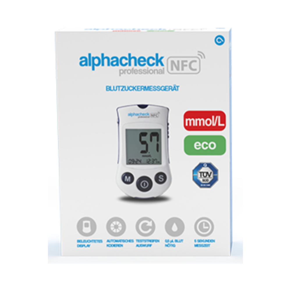 Scatola con Alphacheck Professional NFC Glucometro eco | Confezione (1 pezzo) di Berger Med GmbH. La scatola mostra un'immagine del dispositivo con un valore di misurazione di 5,7 mmol/L. Le funzioni evidenziate includono un display retroilluminato, funzionamento senza codifica, capacità NFC e un tempo di misurazione di 5 secondi per una gestione efficiente del diabete.