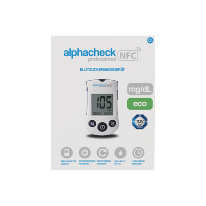 Immagine del lato anteriore della confezione per "Alphacheck Professional NFC Glucometro eco | Confezione (1 pezzo)" di Berger Med GmbH. La confezione ha un display digitale con un valore di misurazione di 105 mg/dL. Le etichette evidenziano funzioni come display Bluetooth, codifica automatica e memoria dei test per una gestione ottimale del diabete.
