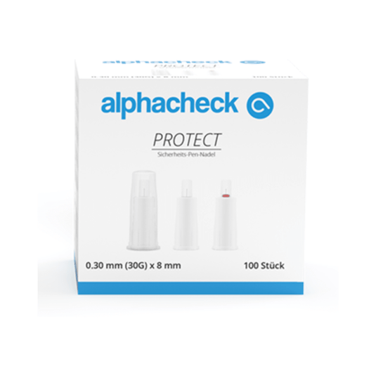 Una scatola bianca con testo blu con la scritta "Alphacheck PROTECT aghi per penna di sicurezza, varie dimensioni" e "ago per penna di sicurezza". La scatola, destinata alle iniezioni di insulina, contiene 100 pezzi di aghi per penna di sicurezza da 0,30 mm (30G) x 8 mm. Sul davanti della scatola sono raffigurati tre aghi per penna di sicurezza in diversi stadi di montaggio. Marchio: Berger Med GmbH