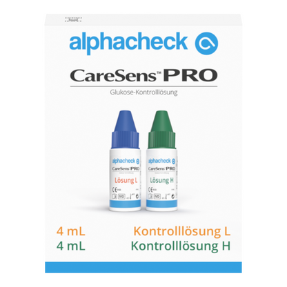 L'immagine mostra una scatola bianca con la scritta "Berger Med GmbH Alphacheck CareSens PRO Soluzione di Controllo L+H | Confezione (2 Flaconcini)", ideale per misurazioni di prova con dispositivi per la misurazione della glicemia. Contiene due piccoli flaconi, uno con tappo blu con la scritta "Soluzione L" e uno con tappo verde con la scritta "Soluzione H", ciascuno con una capacità di 4 ml.