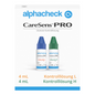 L'immagine mostra una scatola bianca con la scritta "Berger Med GmbH Alphacheck CareSens PRO Soluzione di Controllo L+H | Confezione (2 Flaconcini)", ideale per misurazioni di prova con dispositivi per la misurazione della glicemia. Contiene due piccoli flaconi, uno con tappo blu con la scritta "Soluzione L" e uno con tappo verde con la scritta "Soluzione H", ciascuno con una capacità di 4 ml.