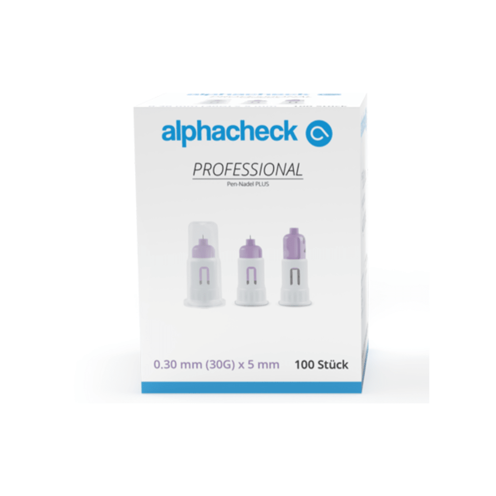 Una confezione di aghi Alphacheck Professional Pen PLUS, di diverse misure, per iniezioni di insulina. La confezione riporta un’immagine degli aghi sterili e ne indica le dimensioni: 0,30 mm (30G) x 5 mm. Contiene 100 pezzi prodotti da Berger Med GmbH.