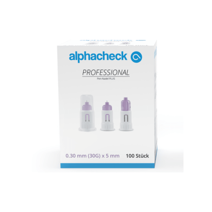 Una confezione di aghi Alphacheck Professional Pen PLUS, di diverse misure, per iniezioni di insulina. La confezione riporta un’immagine degli aghi sterili e ne indica le dimensioni: 0,30 mm (30G) x 5 mm. Contiene 100 pezzi prodotti da Berger Med GmbH.