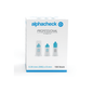 Una confezione di aghi per penna Alphacheck professional PLUS, in diverse misure. La confezione bianca con dettagli blu contiene 100 aghi sterili da 0,30 mm (30G) x 8 mm per iniezioni di insulina. Sulla parte anteriore sono raffigurati tre aghi per penna con una scritta in blu e nero della Berger Med GmbH.