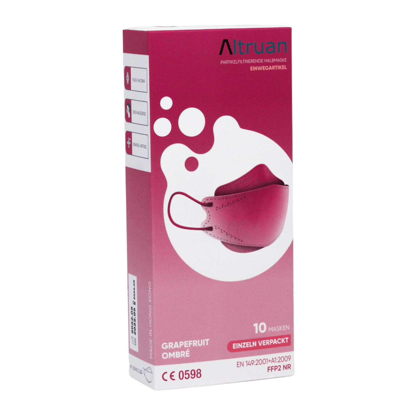 L'immagine mostra una scatola di maschere facciali designer Altruan filtrante particelle con un design ombré al pompelmo. La confezione prevalentemente rosa e bianca presenta sulla parte anteriore una grafica delle maschere e indica che la scatola contiene 10 maschere FFP2 NR confezionate singolarmente, conformi allo standard FFP2.