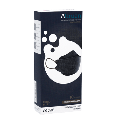 Una scatola di maschere facciali designer Altruan filtrante particelle, conforme allo standard FFP2, si presenta in un design elegante con motivi circolari blu scuro e bianchi. Ogni confezione contiene 10 maschere ergonomicamente adattate con la scritta "Retro Blue".
