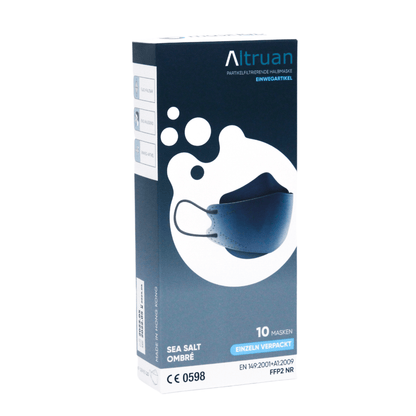 Una confezione di maschere facciali designer Altruan filtrante particelle, conformi agli standard FFP2 e con un design elegante. La confezione è blu scuro con un motivo a bolle bianche e contiene un'immagine della maschera. Contiene 10 maschere, complete di dettagli di certificazione e standard.