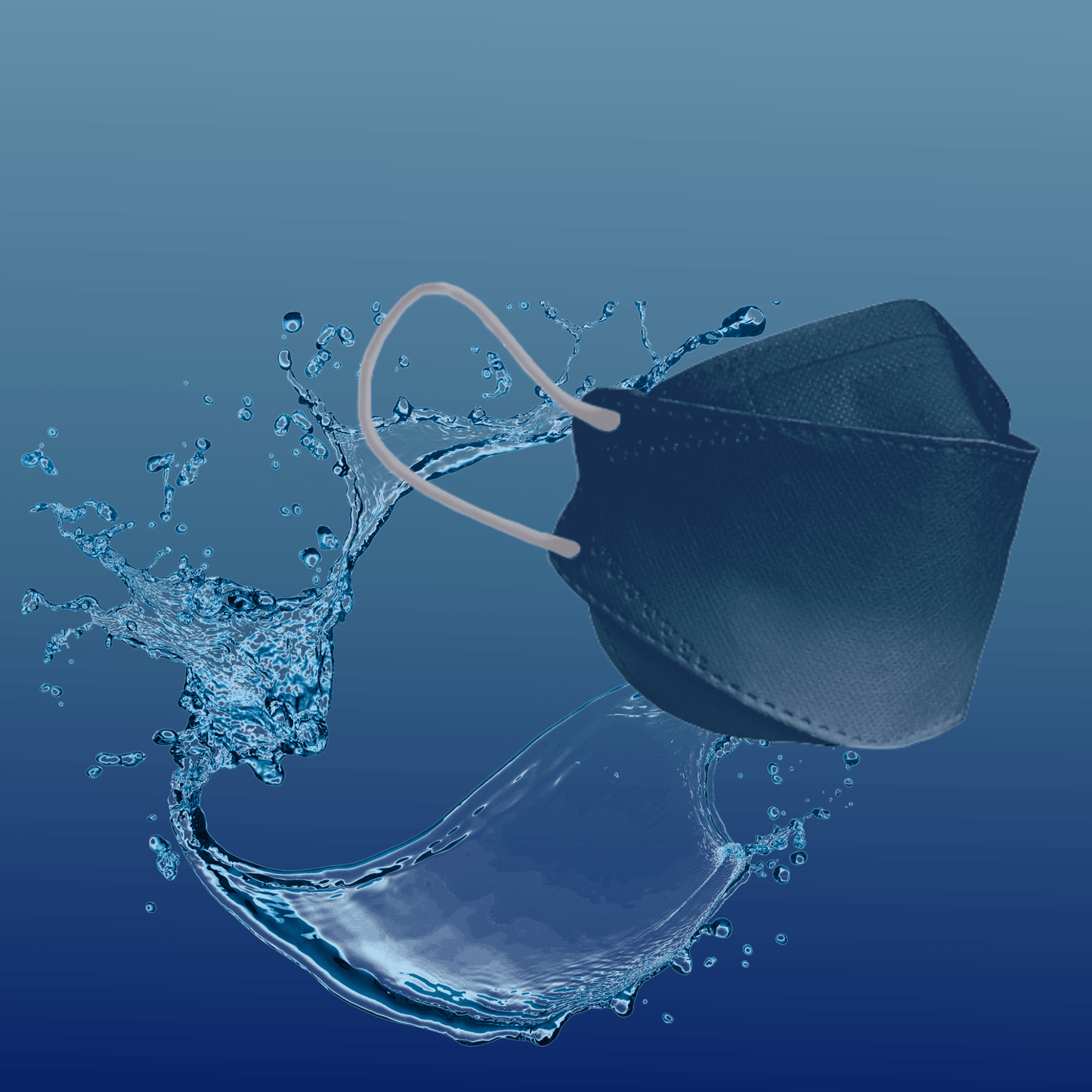 Una maschera facciale designer Altruan filtrante particelle (standard FFP2) è presentata su uno sfondo blu sfumato, con un vortice d'acqua intorno che dovrebbe trasmettere freschezza e pulizia.