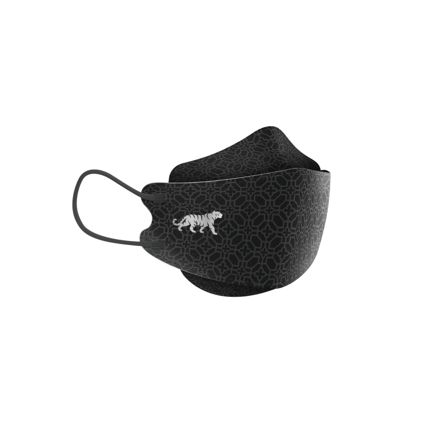 La maschera facciale designer Altruan filtrante particelle (standard FFP2) in nero si distingue per un semplice motivo geometrico con una tigre bianca ricamata su un lato. Questa maschera offre passanti per le orecchie e una vestibilità ergonomica per un maggiore comfort ed è disponibile in una confezione da 10 maschere.