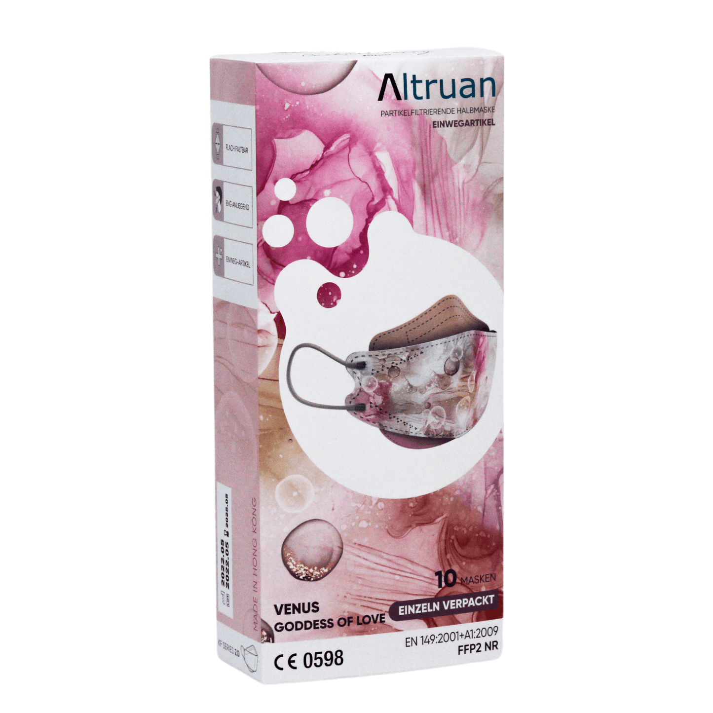 Una confezione di maschere facciali designer Altruan filtrante particelle (standard FFP2) nel design "Venus Goddess of Love" offre una protezione efficace. La confezione è prevalentemente rosa con illustrazioni astratte e conforme allo standard FFP2. All'interno ci sono 10 maschere, una delle quali presenta un motivo floreale alla moda.