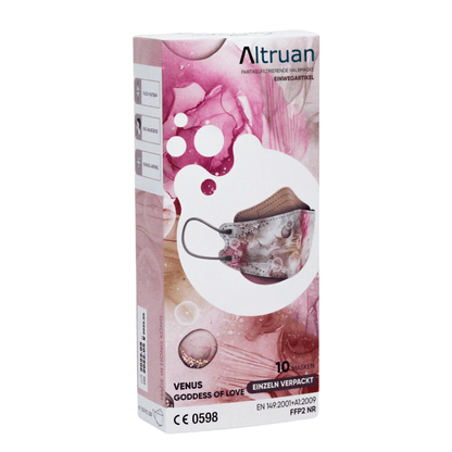 Una confezione di maschere facciali designer Altruan filtrante particelle (standard FFP2) nel design "Venus Goddess of Love" offre una protezione efficace. La confezione è prevalentemente rosa con illustrazioni astratte e conforme allo standard FFP2. All'interno ci sono 10 maschere, una delle quali presenta un motivo floreale alla moda.