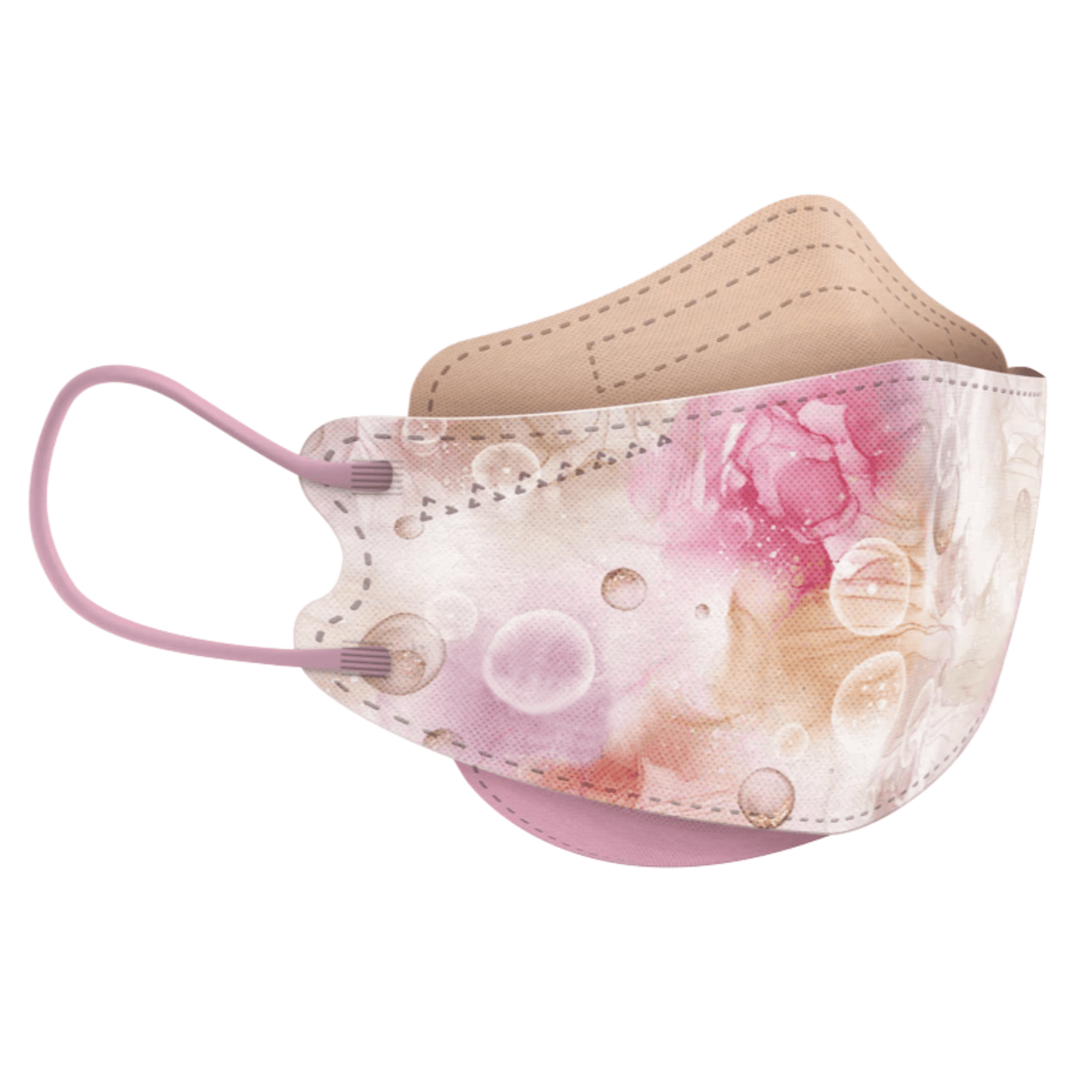 La maschera facciale designer filtrante particelle di Altruan, conforme allo standard FFP2, presenta un design alla moda in colori pastello con bolle e motivi astratti. Questa maschera offre una protezione efficace con comodi passanti per le orecchie ed è mostrata su uno sfondo bianco semplice per evidenziare le sue caratteristiche eleganti.