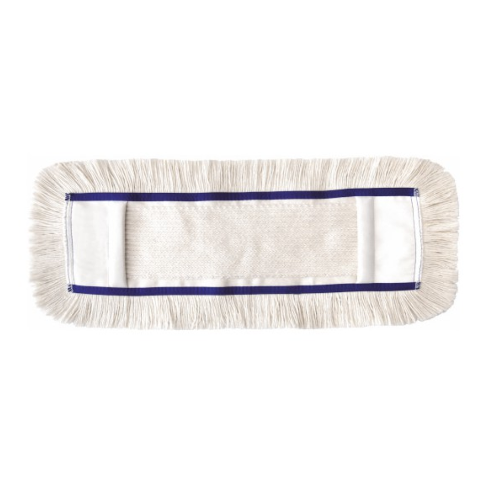 L'Arcora First Mopp Blu di Arcora International GmbH è una testa di mocio rettangolare con frange bianche, una parte centrale in tessuto e un sottile bordo blu, perfetto per la pulizia di manutenzione di vari tipi di pavimenti. Qui raffigurato su sfondo bianco.