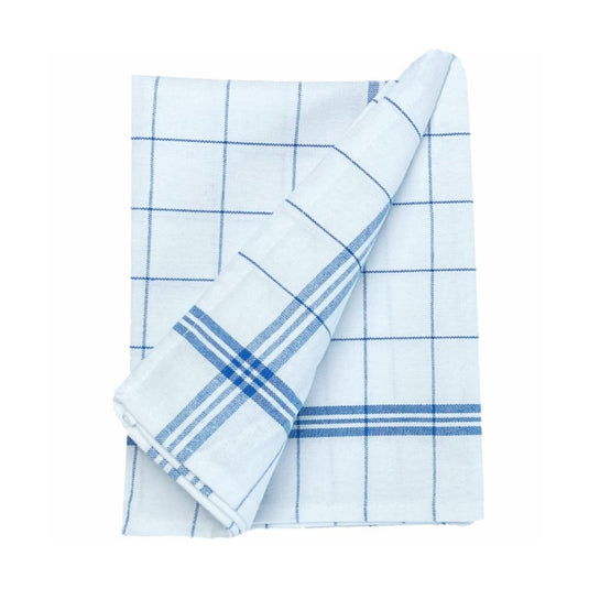 Il canovaccio Arcora Profi blu e bianco di Arcora International GmbH (confezione da 10 pezzi), realizzato in cotone bianco con motivo a quadri blu e strisce, è perfetto per asciugare senza lasciare pelucchi e si presenta su uno sfondo bianco semplice.