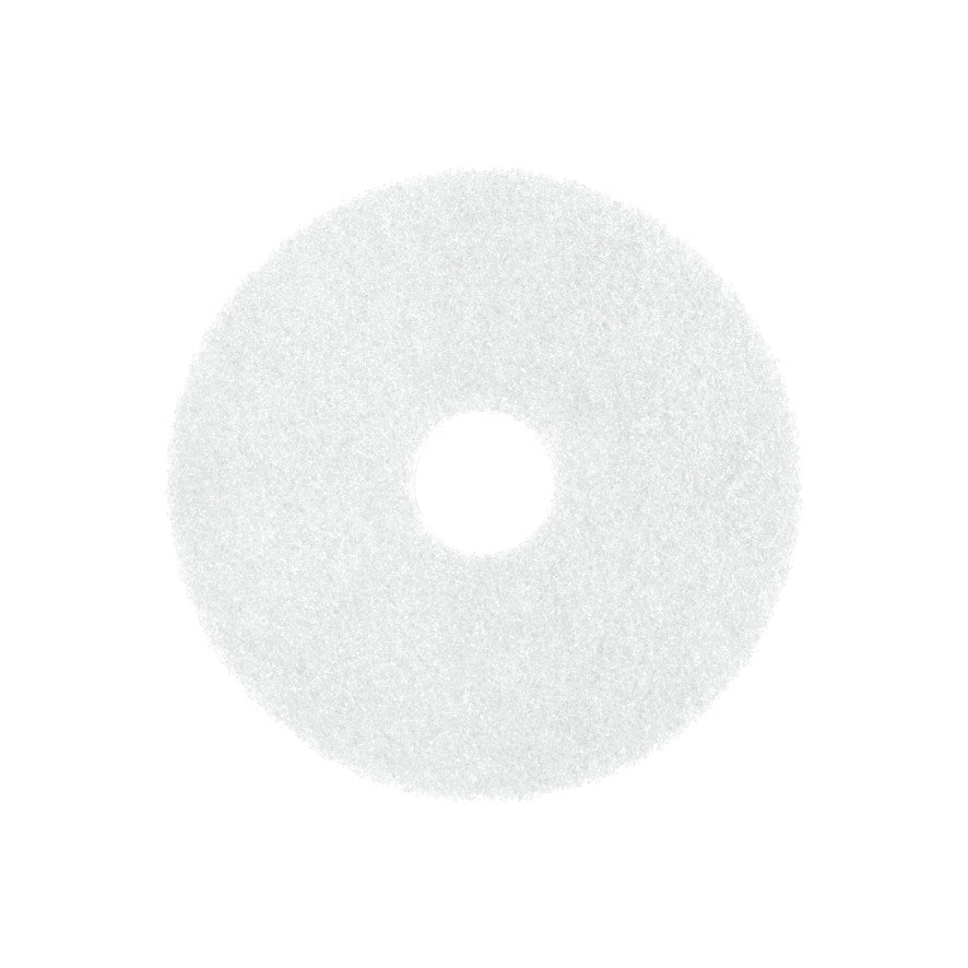 Un Arcora Superpad bianco e rotondo della Arcora International GmbH, progettato per la lucidatura a secco fino a 400 U/min o per l'applicazione di cere/oli su parquet/sughero, è mostrato con un foro centrale su uno sfondo bianco semplice.