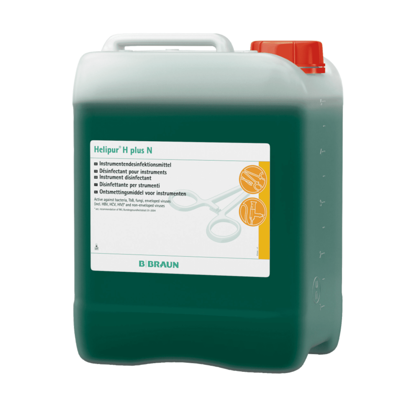 Un grande contenitore di plastica rettangolare con manico e coperchio rosso contiene un liquido verde. Sull'etichetta c'è scritto „B. Braun Helipur® H plus N disinfezione per strumenti - 5 litri | Tanica (5 l)“ e mostra strumenti medici. In basso si vede il marchio „B. Braun Deutschland GmbH & Co. KG“.