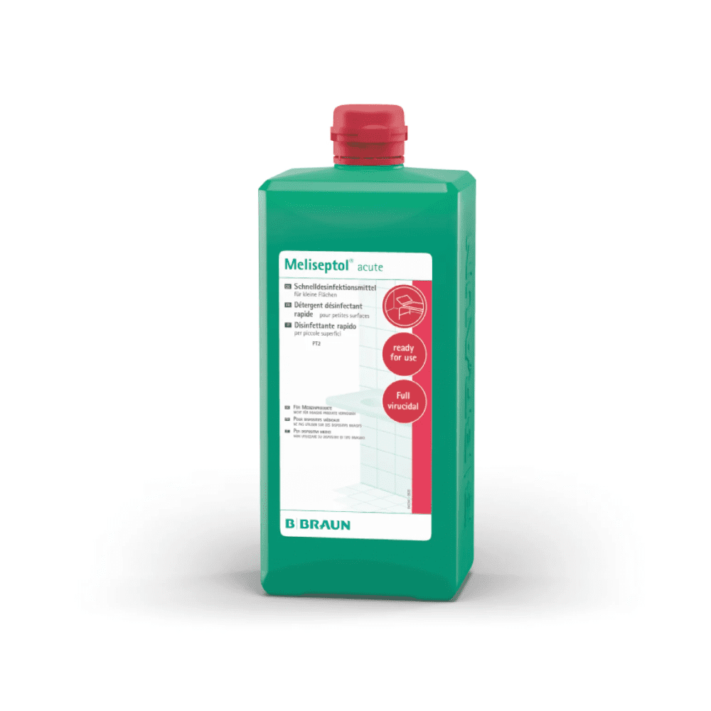 Una bottiglia rettangolare verde con tappo rosso e l'iscrizione "B. Braun Meliseptol® acute disinfezione delle superfici" è pronta all'uso e disinfetta efficacemente le superfici resistenti all'alcol. In basso sull'etichetta è chiaramente visibile il marchio "B. Braun Deutschland GmbH & Co. KG".