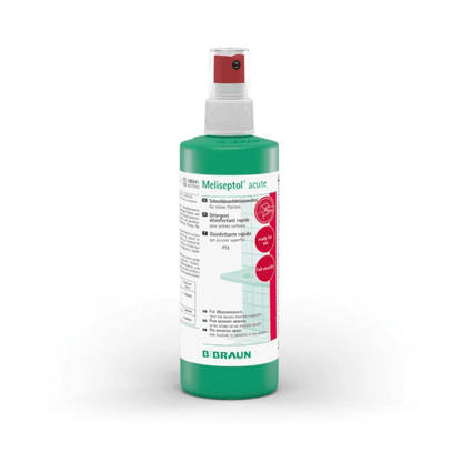 La B. Braun Meliseptol® acute disinfezione delle superfici della B. Braun Deutschland GmbH & Co. KG è progettata per superfici resistenti all'alcol e viene fornita in una bottiglia verde-bianca con un ugello rosso. Sull'etichetta si trovano dettagliate istruzioni per l'uso come disinfettante per superfici completamente virucida, nonché informazioni sulla sicurezza.