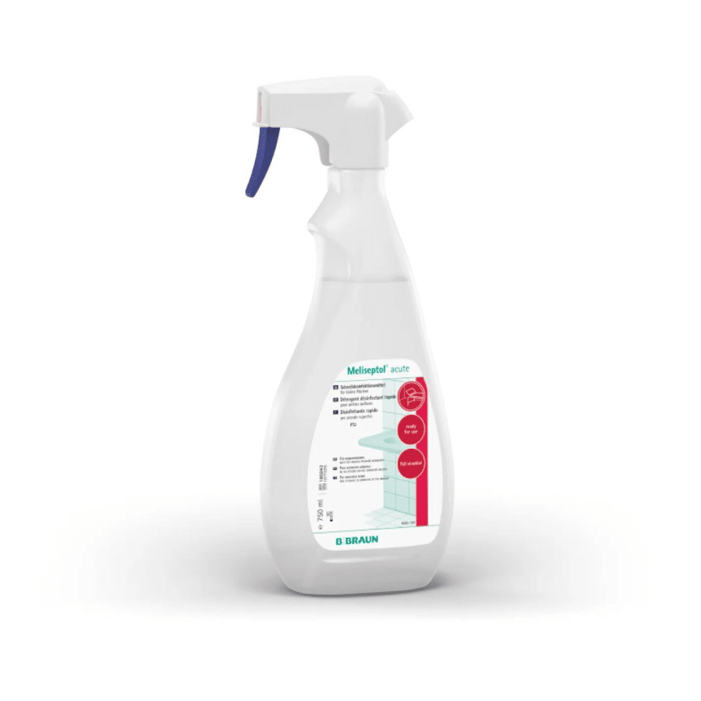 Il B. Braun Meliseptol® acute disinfettante per superfici viene fornito in una bottiglia spray bianca con un'etichetta blu-rossa con testo e grafica, compresa la scritta "completamente virucida". È dotato di un ugello spray blu-bianco ed è progettato appositamente per disinfettanti per superfici, rendendolo adatto per superfici resistenti all'alcol. Il marchio B. Braun Deutschland GmbH & Co. KG è chiaramente visibile in basso sull'etichetta.