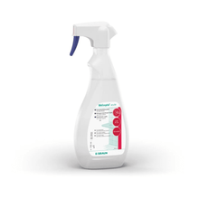 Il B. Braun Meliseptol® acute disinfettante per superfici viene fornito in una bottiglia spray bianca con un'etichetta blu-rossa con testo e grafica, compresa la scritta "completamente virucida". È dotato di un ugello spray blu-bianco ed è progettato appositamente per disinfettanti per superfici, rendendolo adatto per superfici resistenti all'alcol. Il marchio B. Braun Deutschland GmbH & Co. KG è chiaramente visibile in basso sull'etichetta.