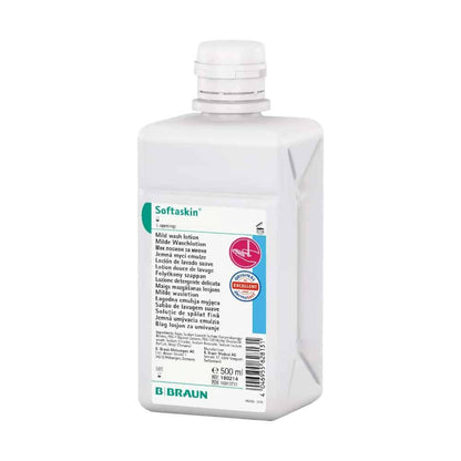 La bottiglia bianca da 500 ml con l'iscrizione "B. Braun Softaskin® Waschlotion" della B. Braun Deutschland GmbH & Co. KG contiene una lozione detergente delicata, ecologica e priva di microplastiche, e presenta un'etichetta blu-bianca con testo multilingue.