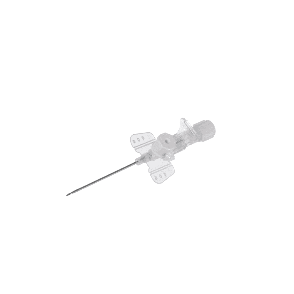 Una cannula di sicurezza Vasofix® Safety di B. Braun Deutschland GmbH & Co. KG è visibile su uno sfondo bianco semplice. Questa cannula medica trasparente in plastica ha una punta metallica affilata per interventi intravenosi e un'impugnatura cilindrica con ali laterali per una presa e un controllo migliori.
