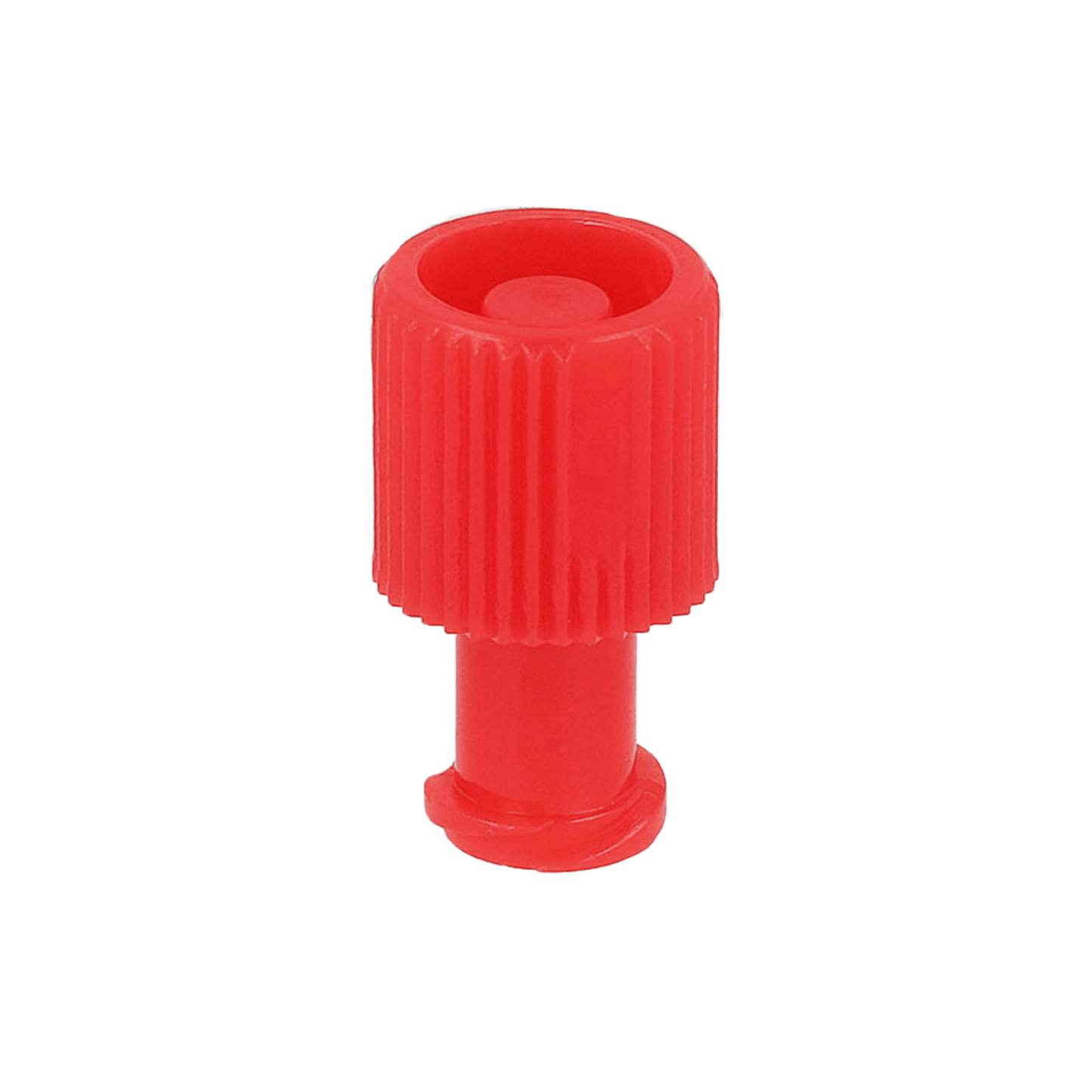 Il tappo a cono Combi-Stopper in rosso di B. Braun Deutschland GmbH & Co. KG presenta un design cilindrico rigato con base più ampia e parte superiore incavata, ideale per chiusure sterili. La confezione contiene 100 pezzi, isolati su sfondo bianco.
