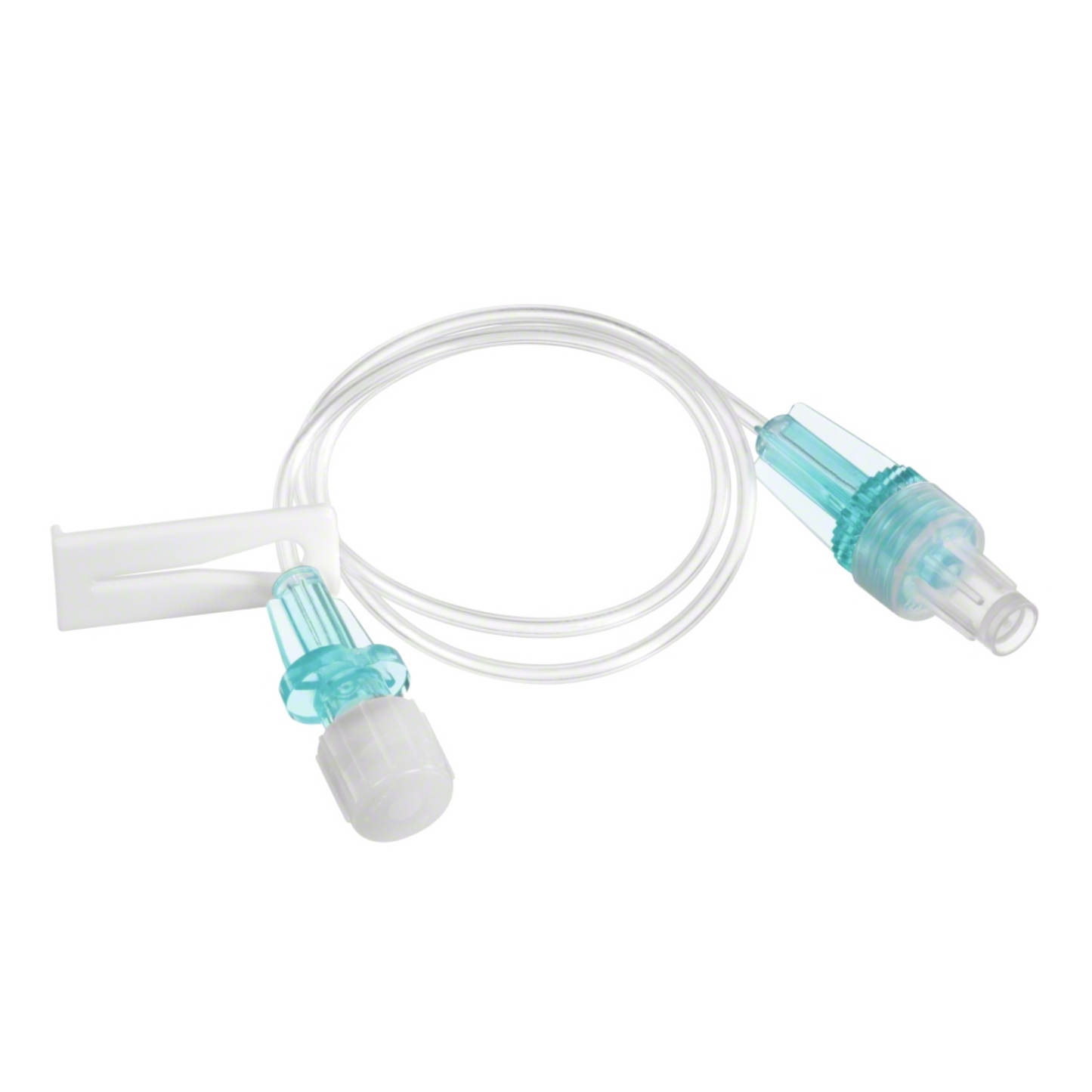 L'immagine mostra il B. Braun prolunga a piccolo volume per infusioni, un set di estensione IV medico trasparente lungo 30 cm di B. Braun Deutschland GmbH & Co. KG, con una clip bianca a forma di L e un raccordo Luer-Lock blu. È stato sviluppato tenendo presente la sicurezza, dispone di meccanismi di bloccaggio su entrambe le estremità ed è privo di lattice e DEHP, per soddisfare gli standard per le prolunghe a piccolo volume.