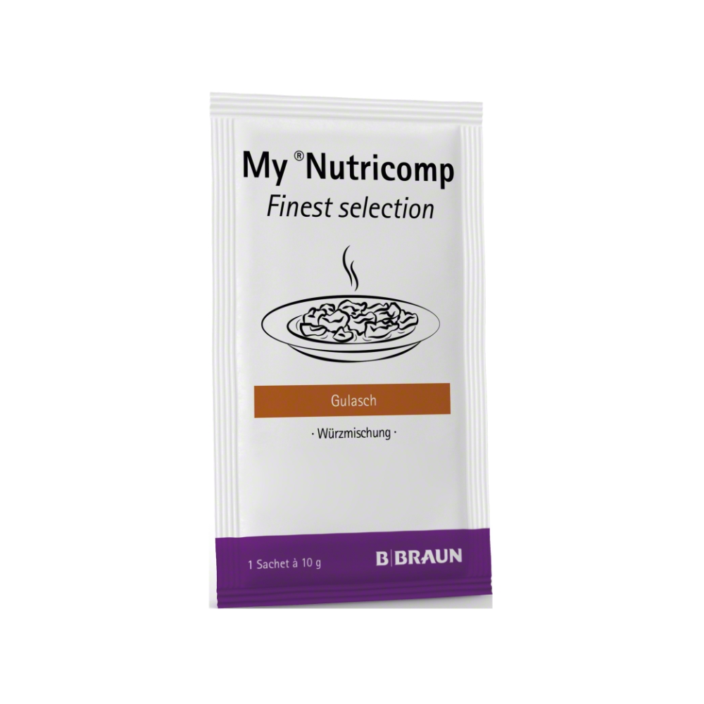 Un sacchetto della B. Braun My Nutricomp Finest Selection Miscela di Spezie "Gulasch - Miscela di Spezie" della B. Braun Deutschland GmbH & Co. KG presenta un imballaggio prevalentemente bianco con testo nero e l'immagine di una ciotola fumante che ricorda le creazioni culinarie di Alfons Schuhbeck.