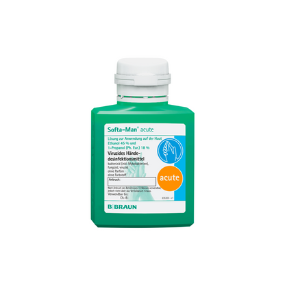 Una bottiglia verde B. Braun Softa-Man® disinfettante per le mani acuto, progettata per il settore medico, è stata ideata da B. Braun Deutschland GmbH & Co. KG. L'etichetta contiene dettagli del prodotto, un logo e istruzioni illustrate. È dotata di un tappo bianco ed è presentata su uno sfondo bianco semplice.