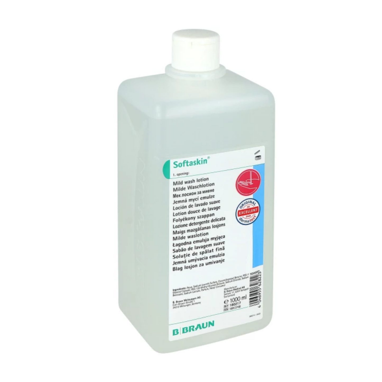 La bottiglia rettangolare, ecologica, bianca B. Braun Softaskin® Waschlotion di B. Braun Deutschland GmbH & Co. KG mostra sull'etichetta anteriore testo in diverse lingue e dispone di un tappo a vite. Contiene 1000 ml di lozione detergente delicata e sottolinea il suo impegno per prodotti privi di microplastiche per una scelta consapevole dal punto di vista ambientale.