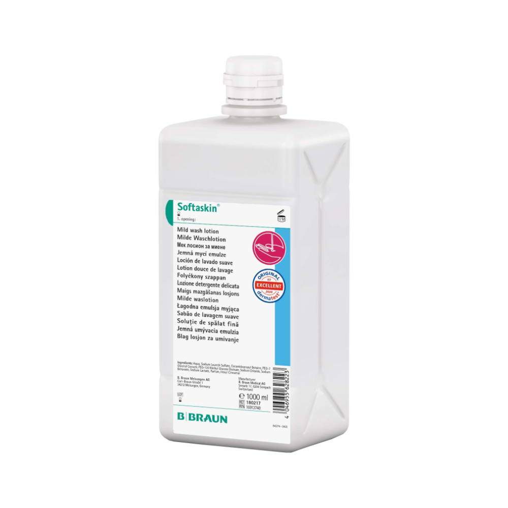La bottiglia da 1000 ml "B. Braun Softaskin® Waschlotion" è bianca e ha un'etichetta multilingue che indica la formula delicata ed ecologica. Dispone di un tappo a vite e porta sul fondo la scritta "B. Braun Deutschland GmbH & Co. KG". È quindi una scelta eccellente per gli utenti che danno importanza a prodotti privi di microplastiche.