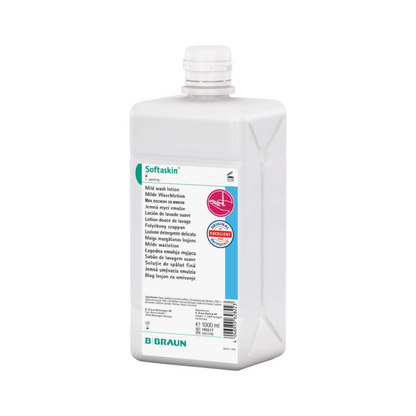 La bottiglia da 1000 ml "B. Braun Softaskin® Waschlotion" è bianca e ha un'etichetta multilingue che indica la formula delicata ed ecologica. Dispone di un tappo a vite e porta sul fondo la scritta "B. Braun Deutschland GmbH & Co. KG". È quindi una scelta eccellente per gli utenti che danno importanza a prodotti privi di microplastiche.