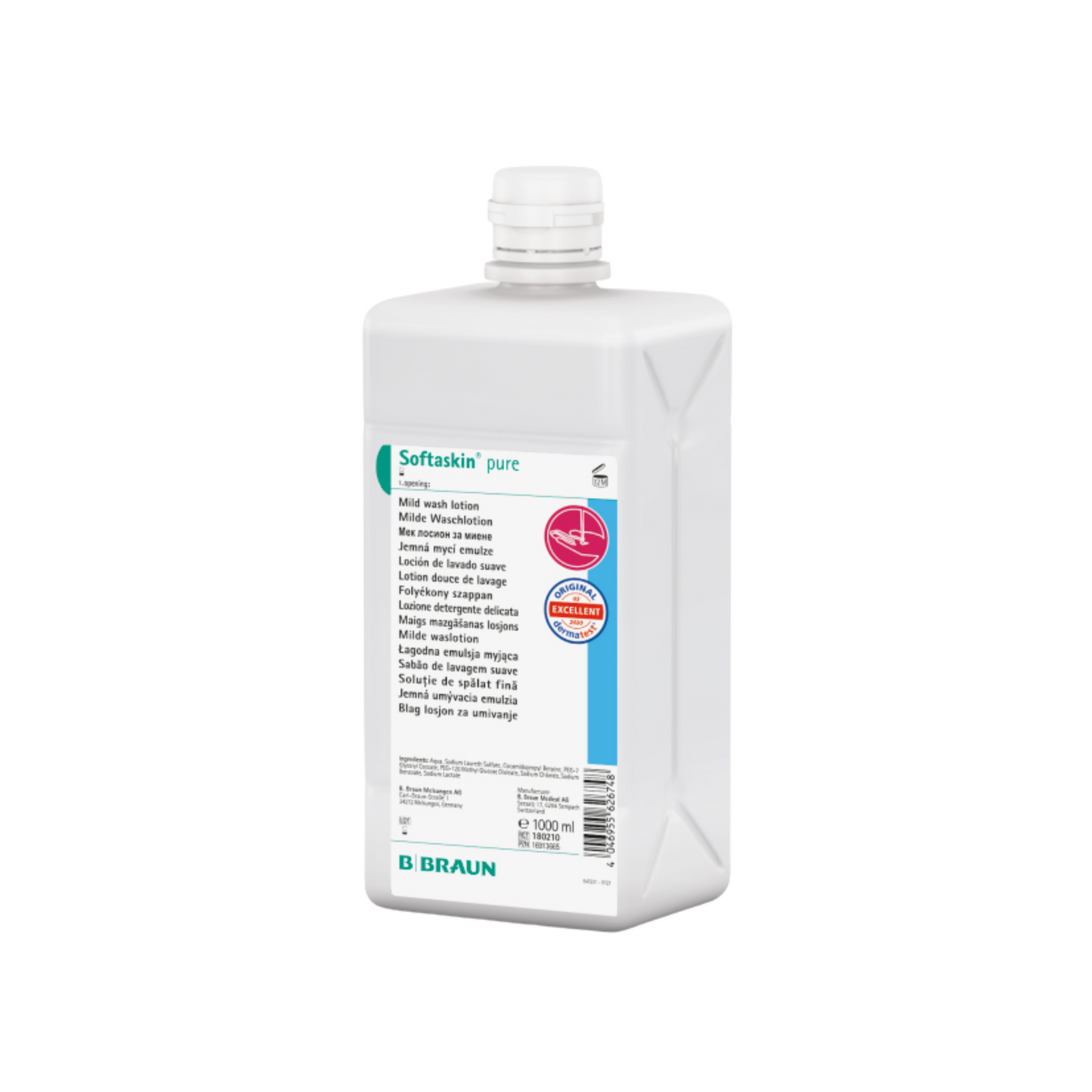 La B. Braun bottiglia da 1000 ml di Softaskin® pure di B. Braun Deutschland GmbH & Co. KG presenta un design rettangolare bianco con etichetta blu-bianca, logo rosa per la compatibilità cutanea, tappo a vite ed è una lozione detergente senza allergeni, ideale per la pelle sensibile.